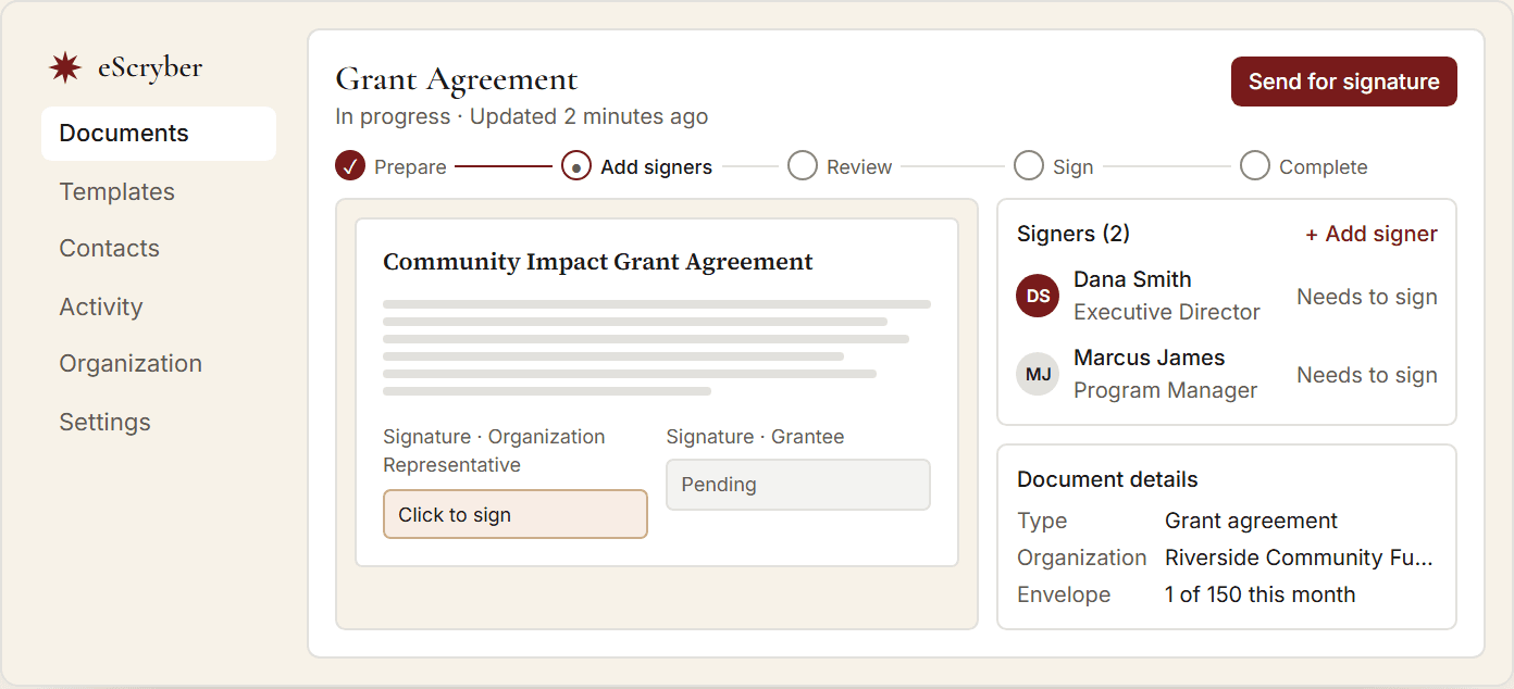The eScryber workspace showing a sample grant agreement being prepared for signature, with two signers listed and the Prepare step complete.