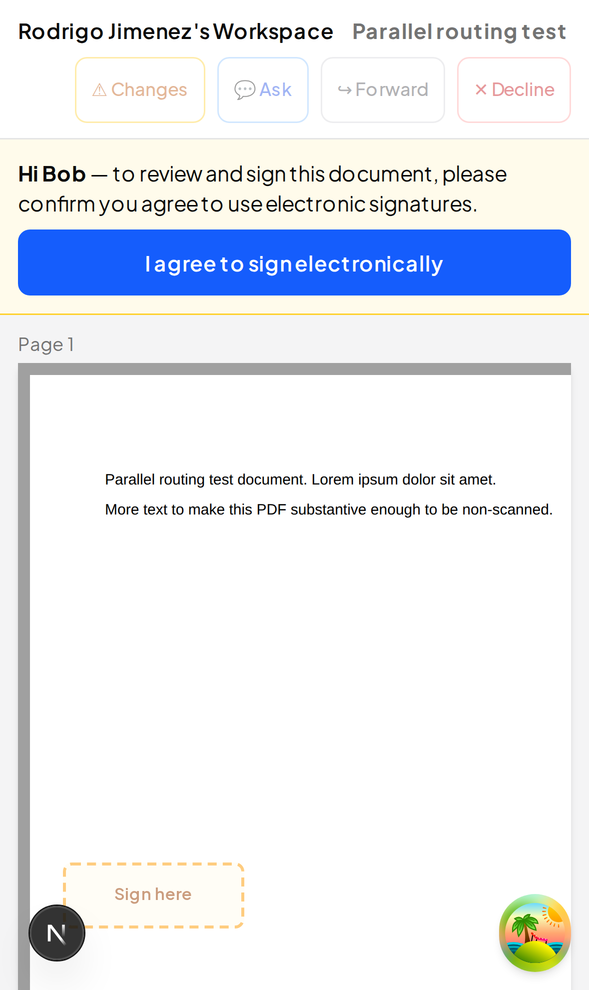 Signing page first load — mobile