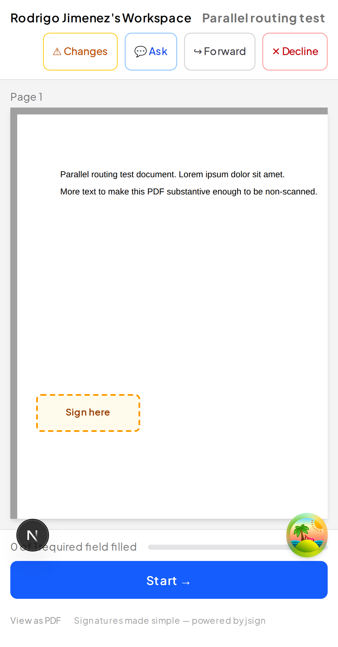 Mobile header with Changes / Ask / Forward / Decline buttons