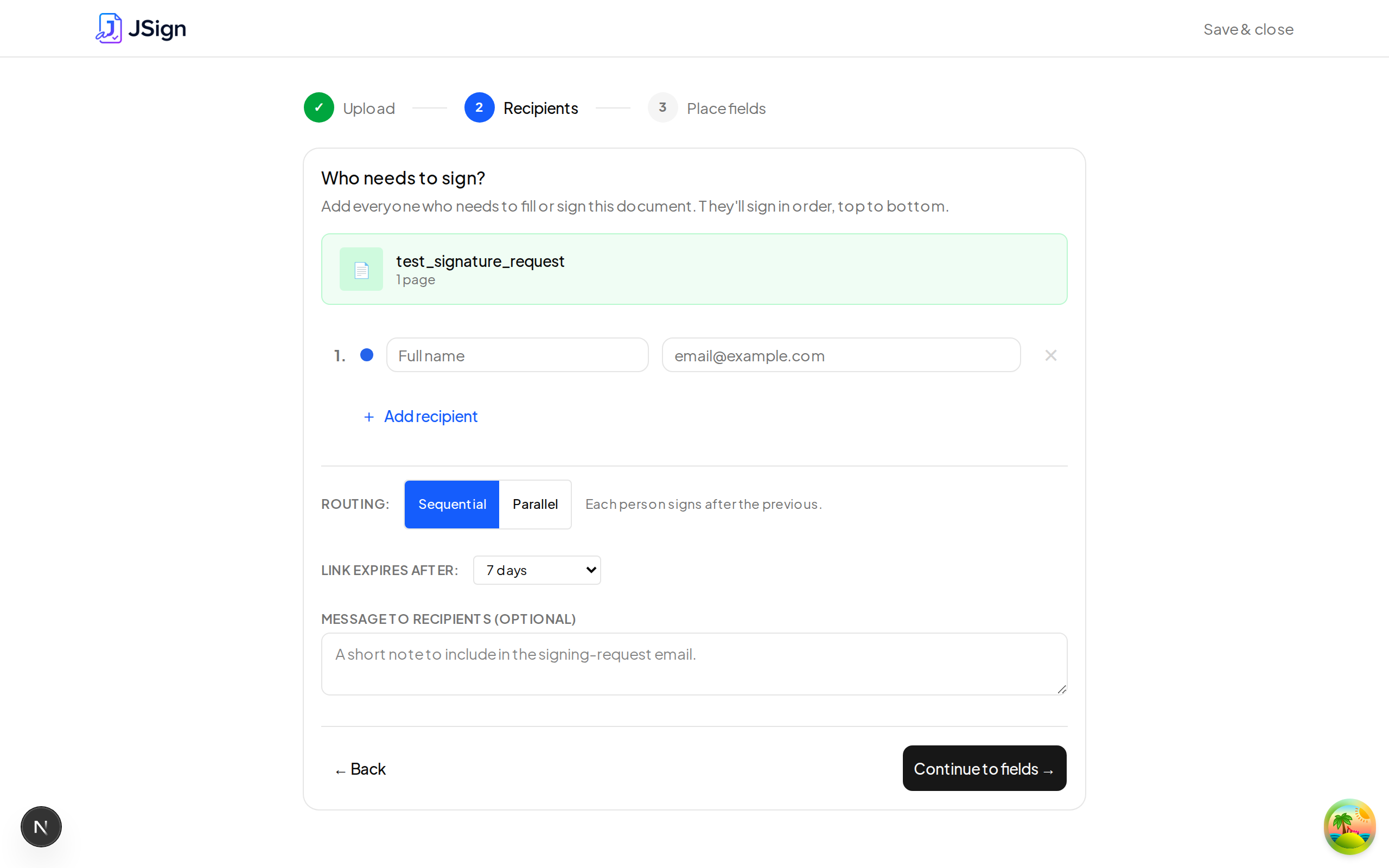 Recipients step with a single signer added