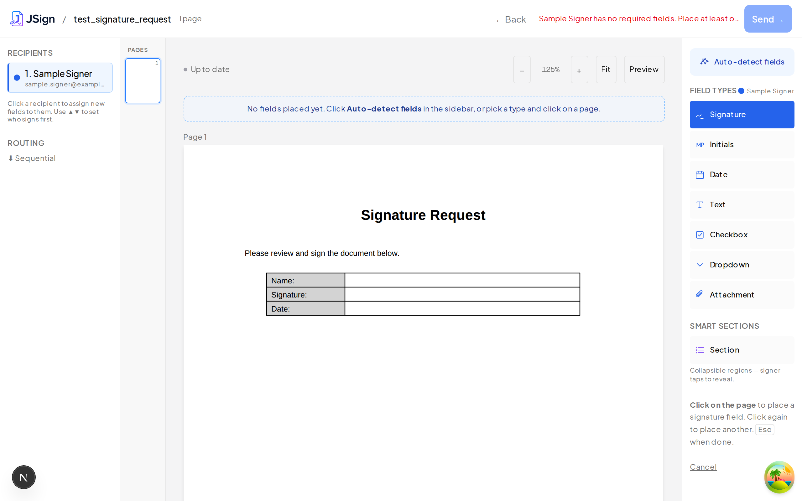 Signature tool armed; cursor changes to a crosshair