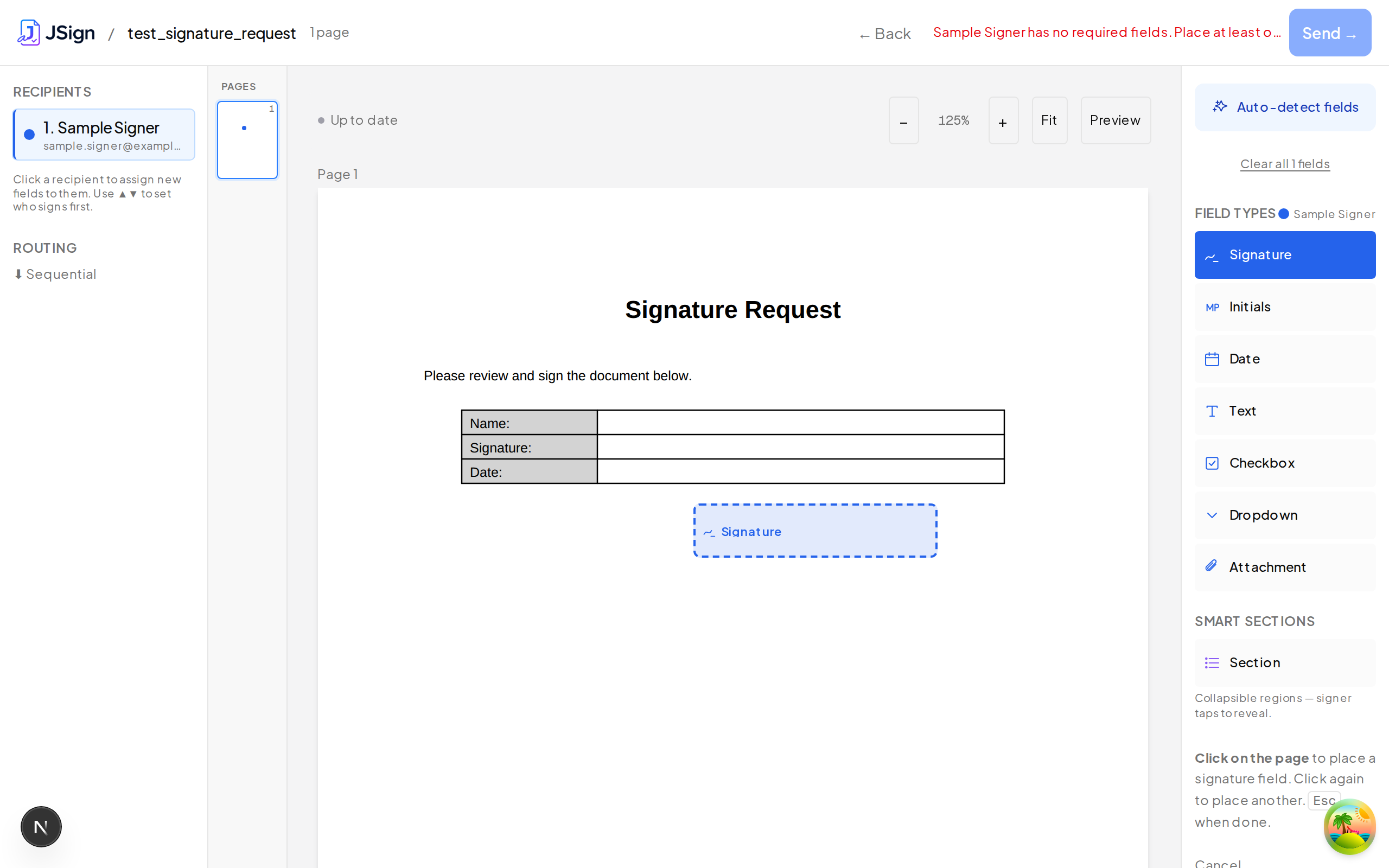 One signature field placed inside the Name cell